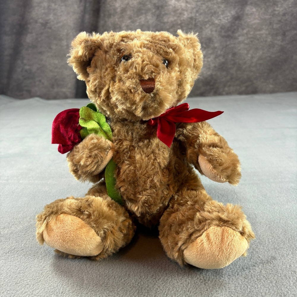 Vintage Dan Dee Collectors Choice Teddy Bear with Red Rose and Bow Brown Plush